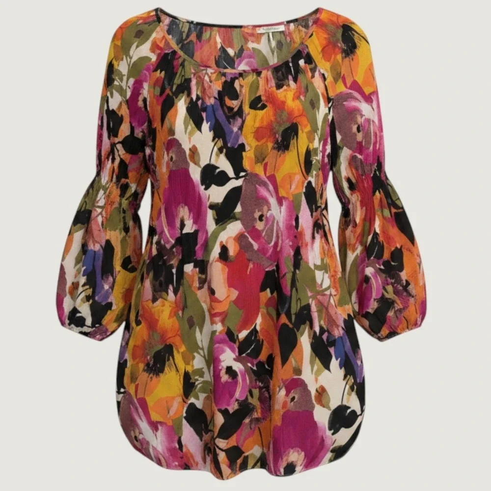 Catherines Floral Boho Keyhole Tunic Top Multi-Color Bell Sleeve Size 26/28